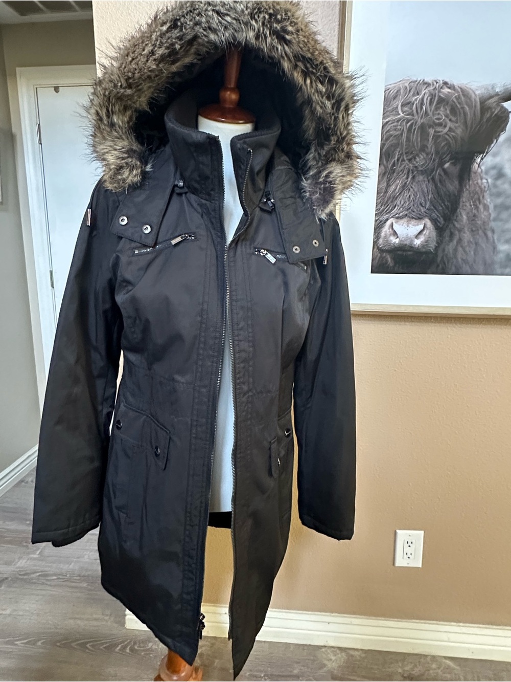 Women's L Kenneth Cole Black Parka Coat with Faux Fur Trim